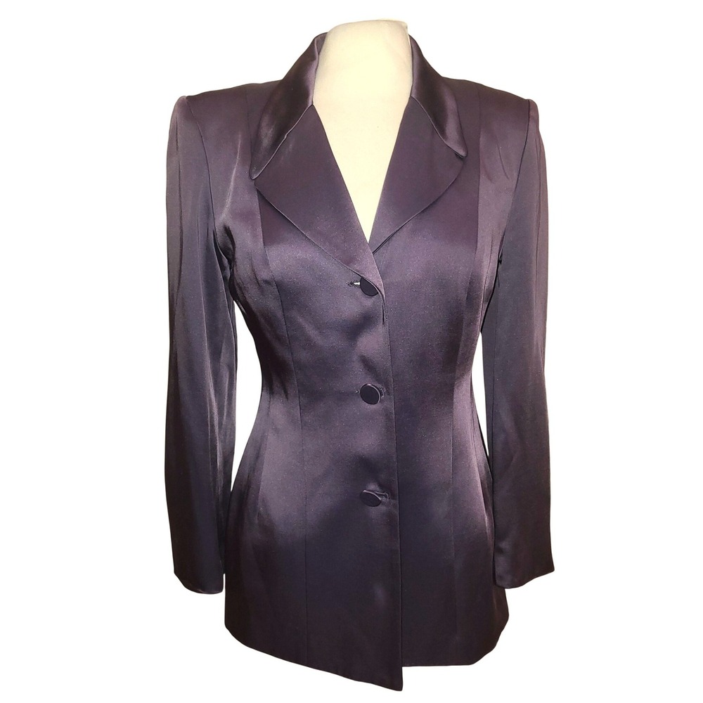 VTG 90s Barami Satin Plum Purple Gray Sheen Long Evening Fitted Blazer Jacket 4